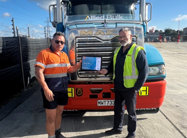 Michael Heke Allied Bulk Auckland driver receiving his 20 years of service with Kallum Adams ABL NI Manager